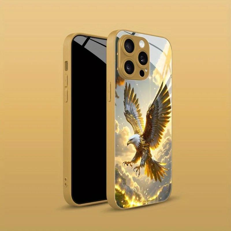 Luxury Eagle Pattern Electroplated Glass Phone Case for iPhone 17 16 15 14 Pro Max 13 12 11 16e 17 Air Shockproof Hard Cover