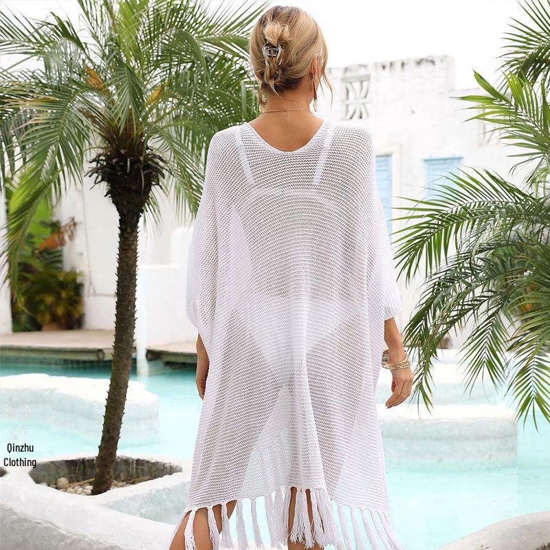 Transgraniczna Koronkowa Siateczkowa Średniej Długości Narzutka na Strój Kąpielowy na Plażę na Wakacje nad Morzem