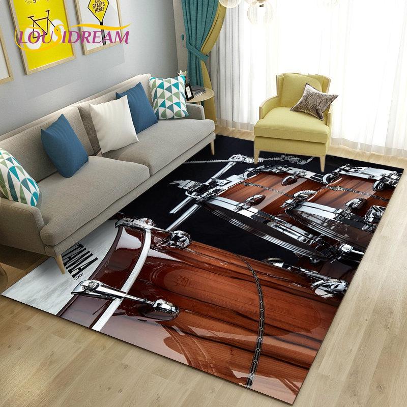 Teppich mit Schlagzeug, Musikinstrumenten, groß, Teppich für Wohnzimmer, Schlafzimmer, Sofa, Fußmatte, Küchendekoration, rutschfeste Bodenmatte für Kinder