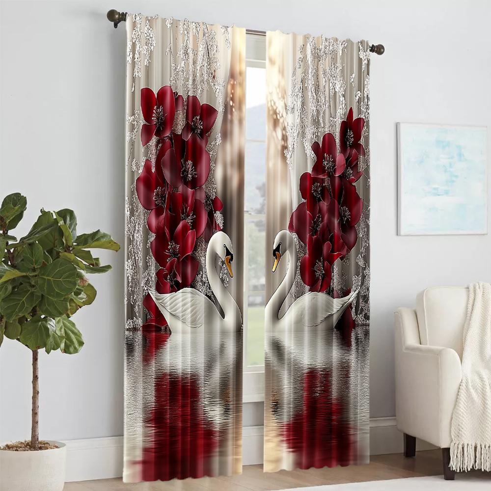 Set Of 2 Digital Printed Window Curtain Swan Flower Pattern Drapes Bedroom Living Room Home Decor Design Curtains Made Polyester Treatment