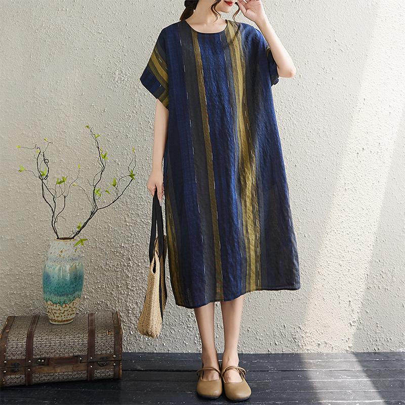 

Dimanaf Новое женское летнее платье большого размера 2025 года, базовое повседневное платье с коротким рукавом в полоску, свободное винтажное платье One Size синий