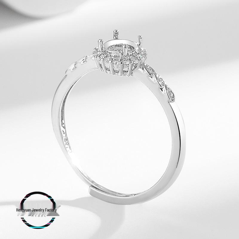 European & American Niche Design Open Copper Ring with Empty Round Imitation Jade or Huazi Diamond Inlay, 925 Silver Setting