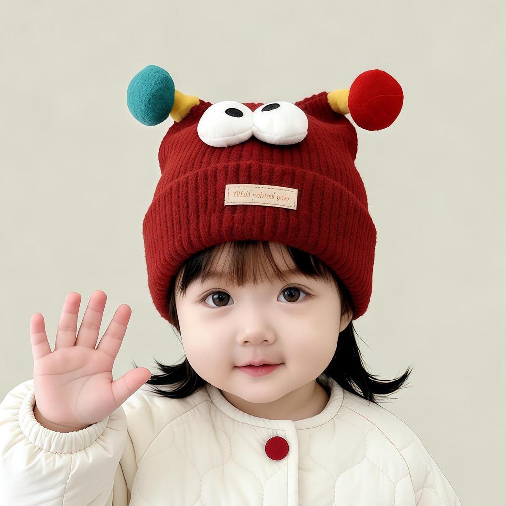 Festive Red Winter Knit Pullover Hat for Kids - Thick, Warm & Windproof with Ear Protection