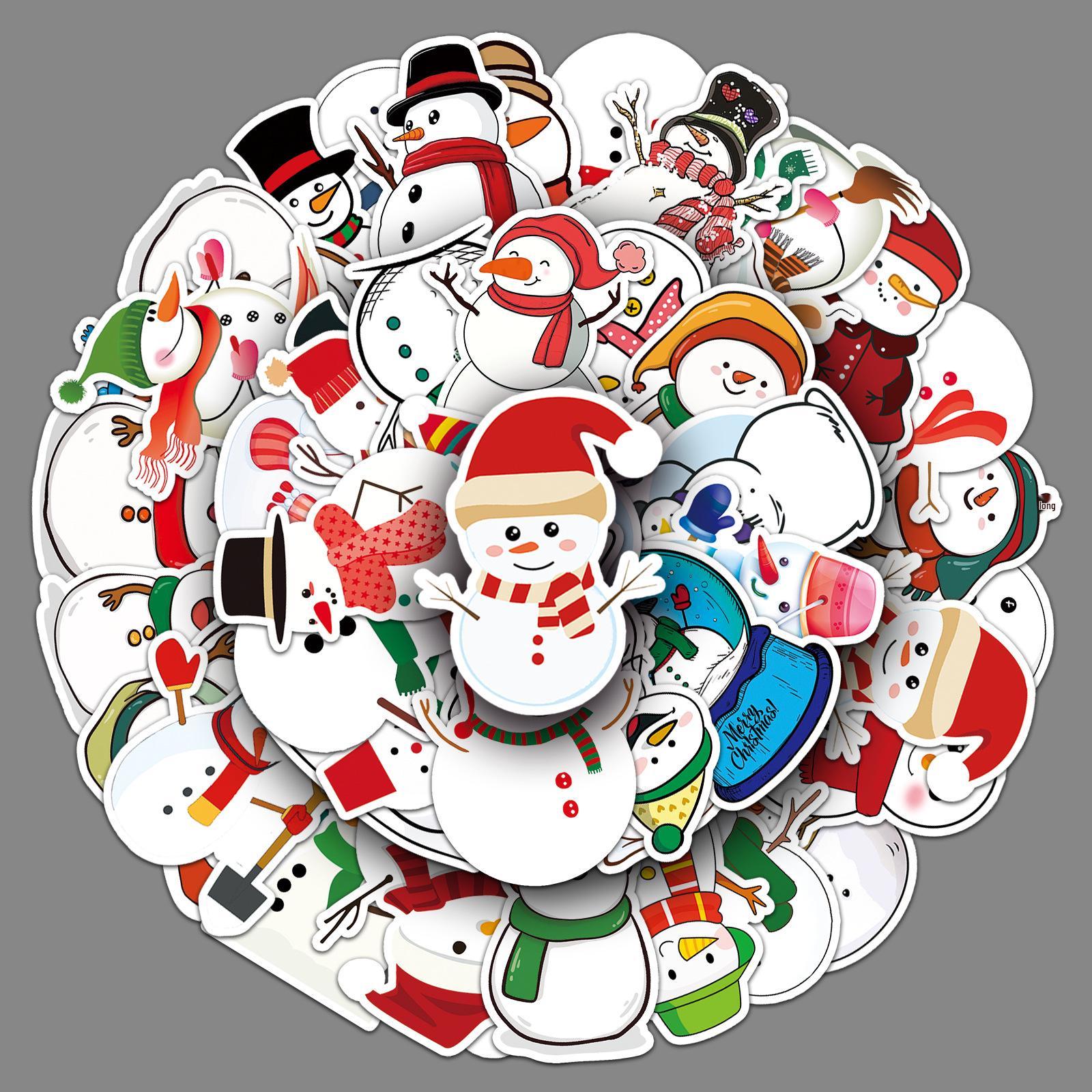 

50 Snowman Cartoon Christmas Stickers: Waterproof DIY for Kids Phones & Suitcases