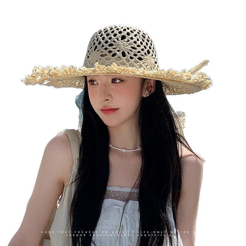 New big brim hollow straw hat women's summer seaside vacation beach sunshade sun protection photo sun hat trend