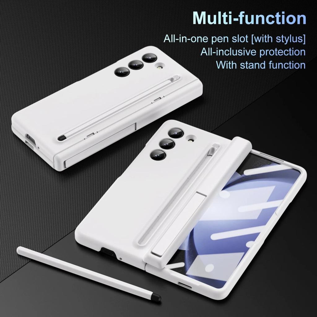 Luxury Cover Pen Holder Slot Case for Samsung Galaxy Z Fold 3 4 5 Fold5 with Pen Bracket Front Glass Film Protection ZFold4