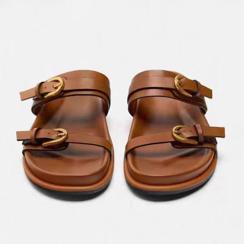 Ciabatta piatta con fibbia in metallo marrone 2024 da donna a punta tonda aperta sul davanti ciabatte flatfrom per donna casual comode da interno scarpe con suola spessa