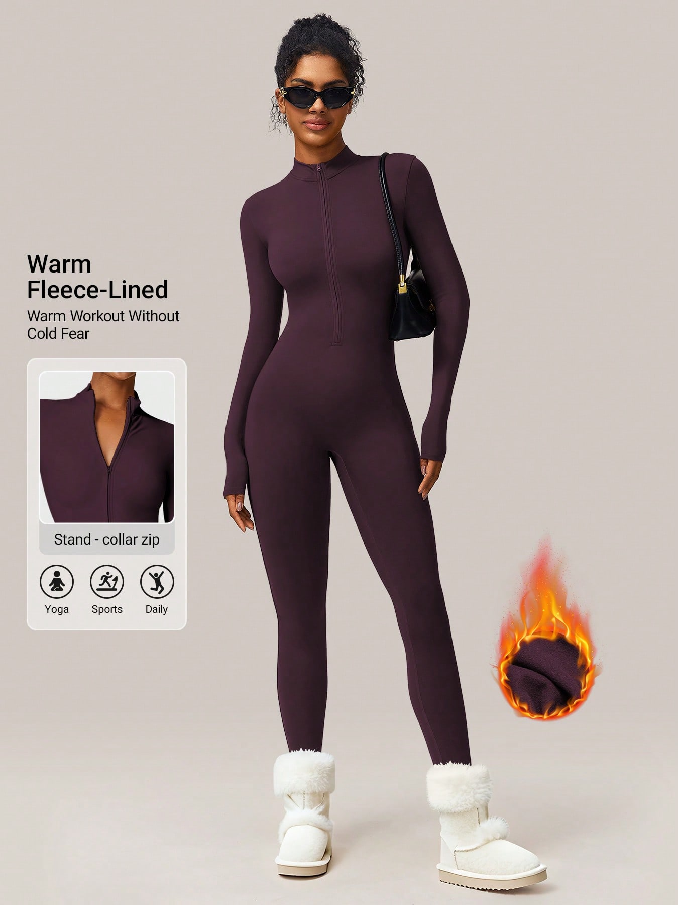 YEOREO Salopetă Lungă cu Mânecă Lungă și Fermoar din Fleece Salopetă cu Fermoar Pantaloni de Jos Body Bodycon Sexy O Piesă Material Spandex Topuri Body Elastic Flexibil XL black
