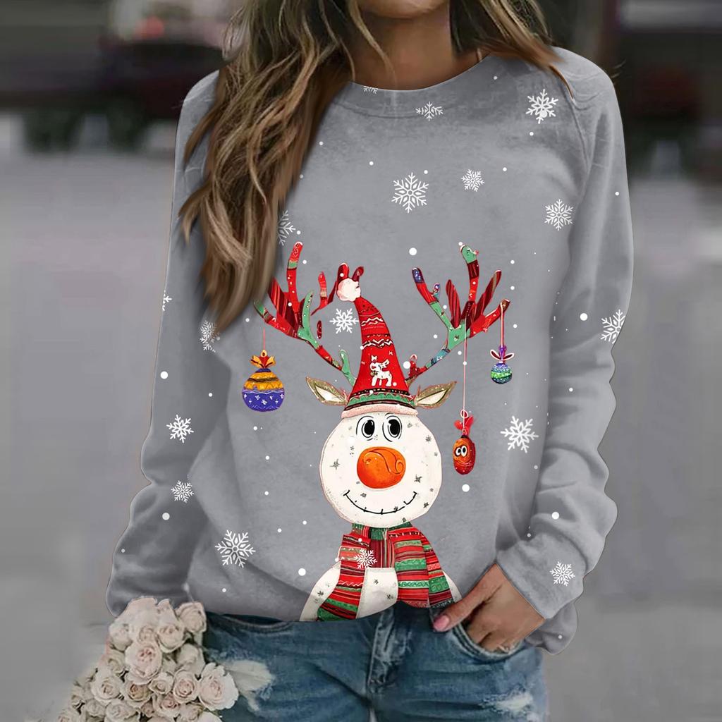 Dámská módní ležérní mikina s dlouhým rukávem a vánočním potiskem na krku