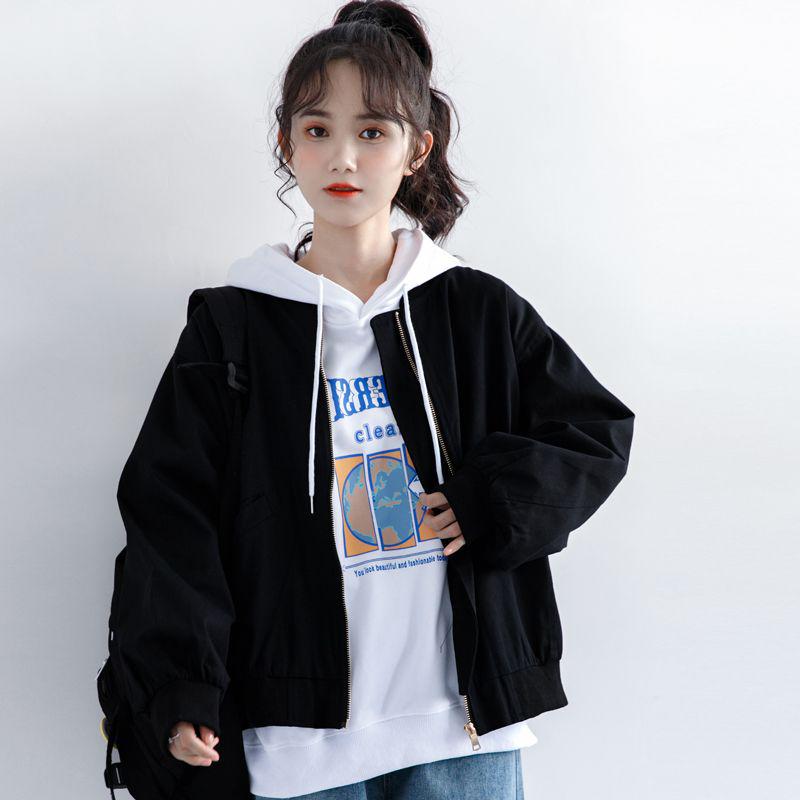2023 Retro HK-Style Women's Black Baseball Jacket - Casual Spring/Autumn Short Coat