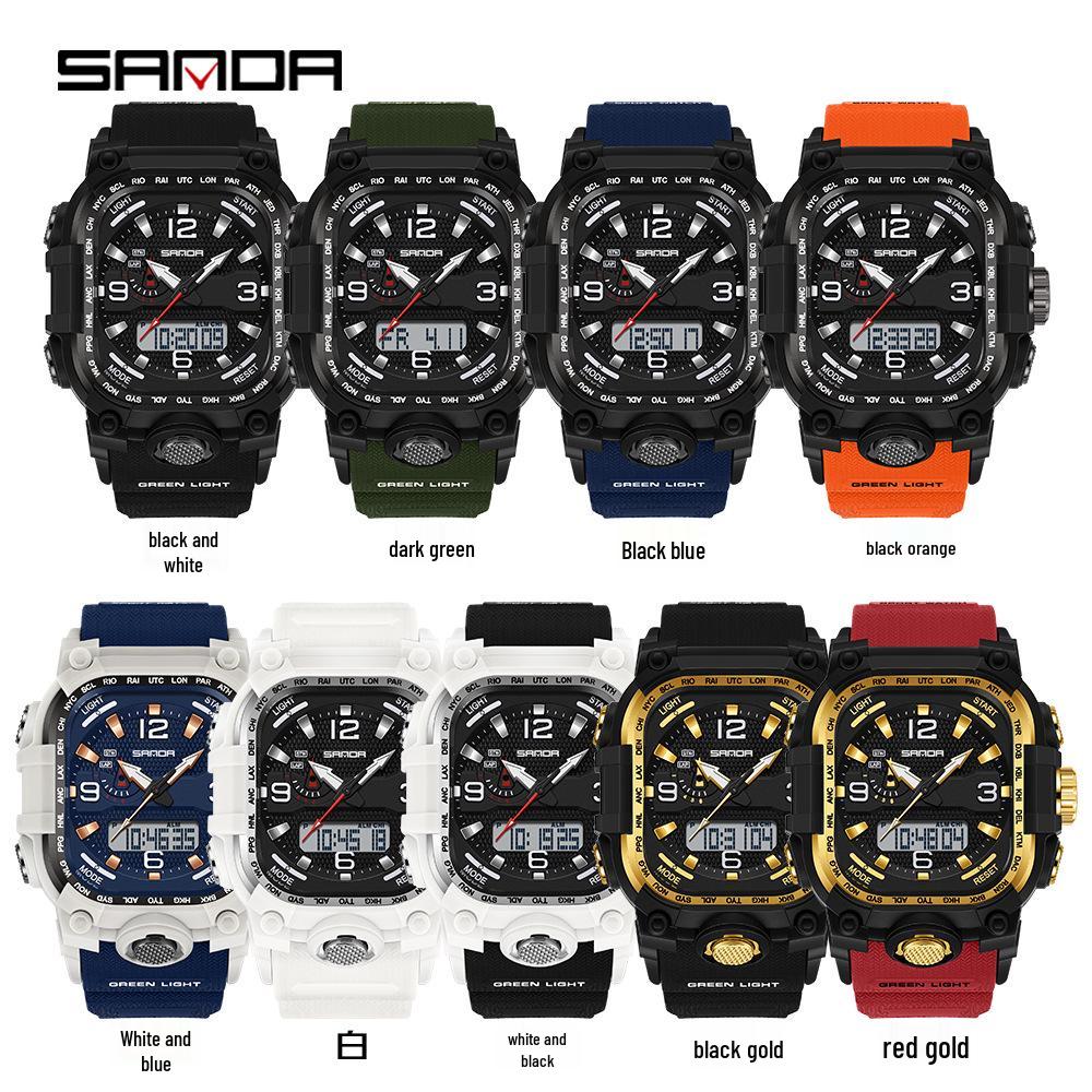 Sanda Three-Hand Square Dial Waterproof Student Sport Watch with Dual Display and Three-Zone Time.