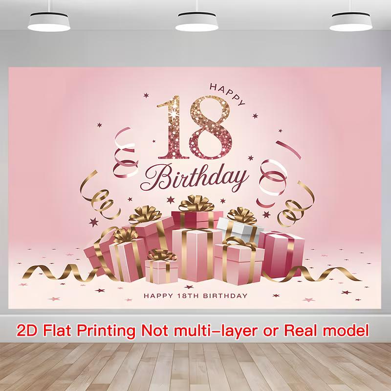 

2D 18th Birthday Photography Background, Pink Gold Gift Box Themed Party Backdrop Banner 47.2x31.5inch/120*80cm