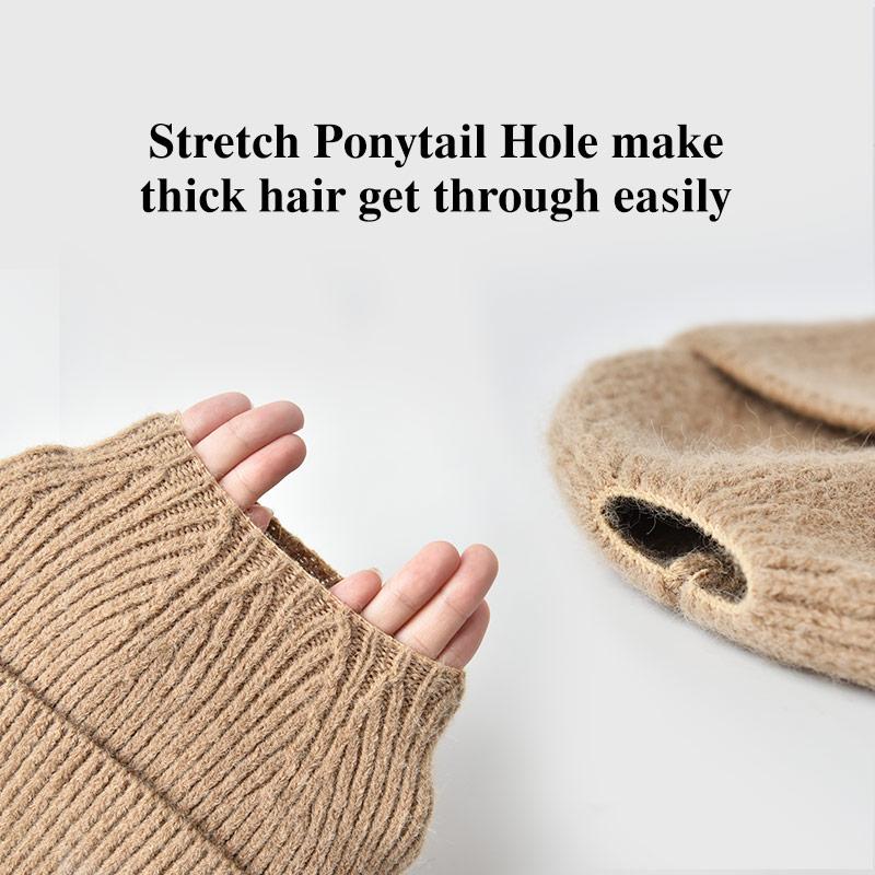 A Women's Knitted Hat with Exposed Braids, Autumn and Winter Thick Ear Protection Hat, Women's High Ponytail Braid