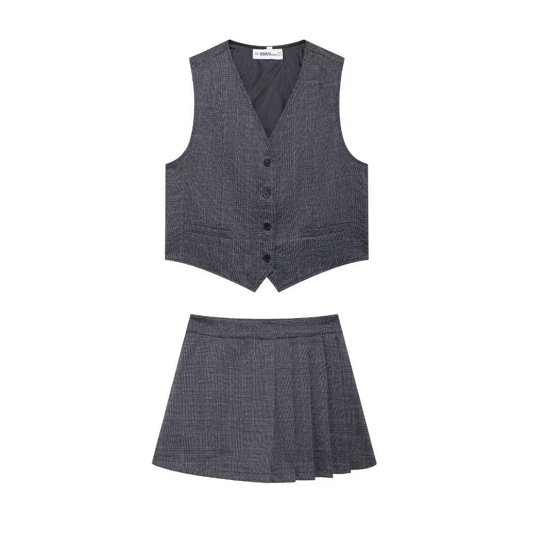 

Женский осенний комплект в европейском и американском стиле: полосатый клетчатый жилет и юбка S