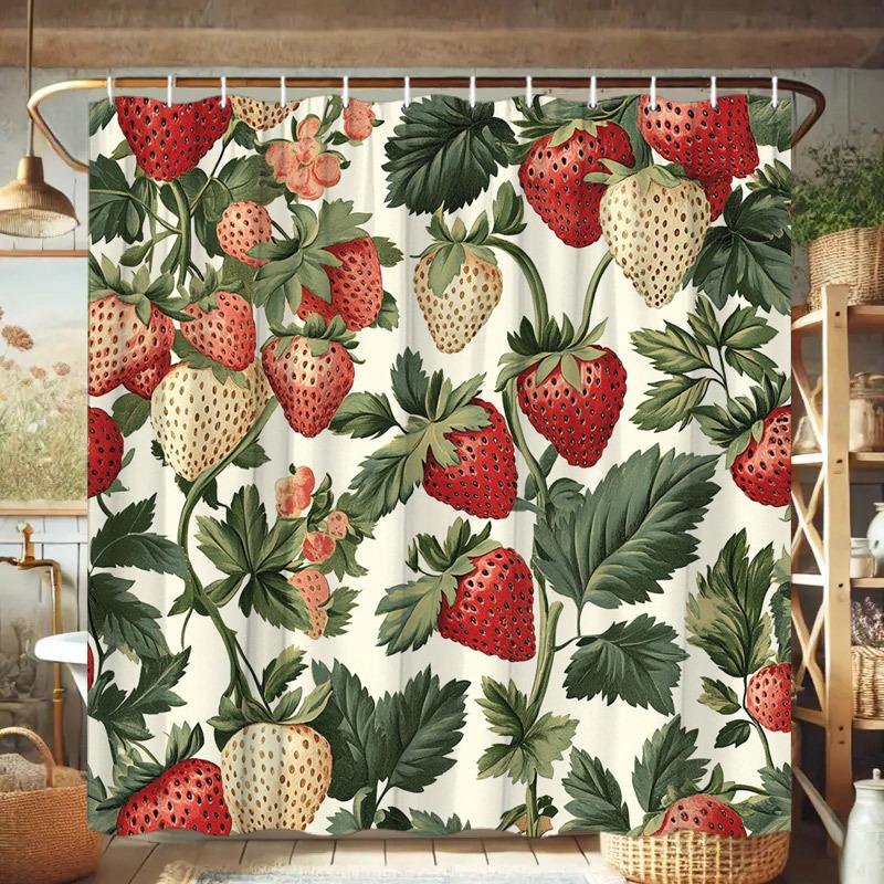Strawberry & Leaf Curtain - Watercolor Design, Polyester, 12 Hooks, 70In, Easy to Clean, Fresh Bath Decor