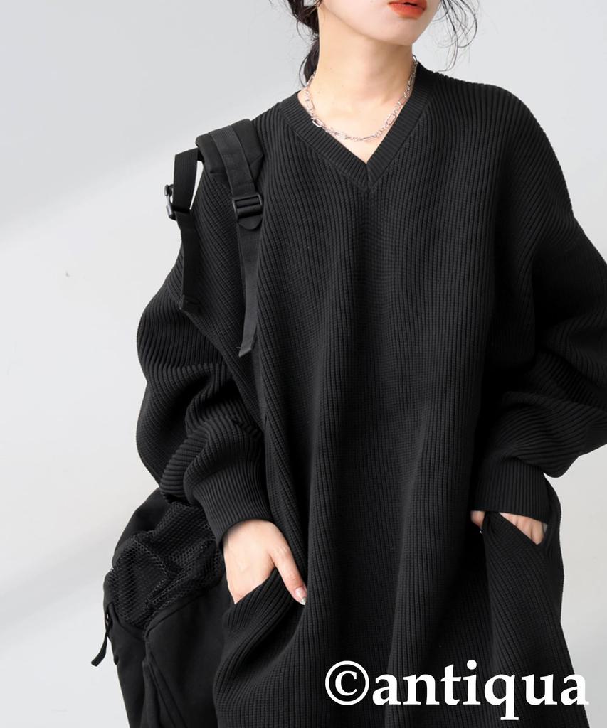 Antiqua Long Rib Knit One Size Black Women's V-Neck Dress, PN-00587, 05,