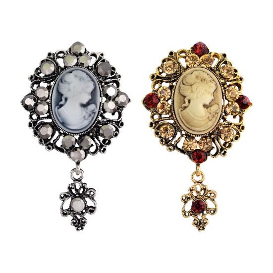 Women Brooch Retro Victorian Human Profile Rhinestone Decor Anti-slip Hollow Out Suit Coat Collar Hat Scarf