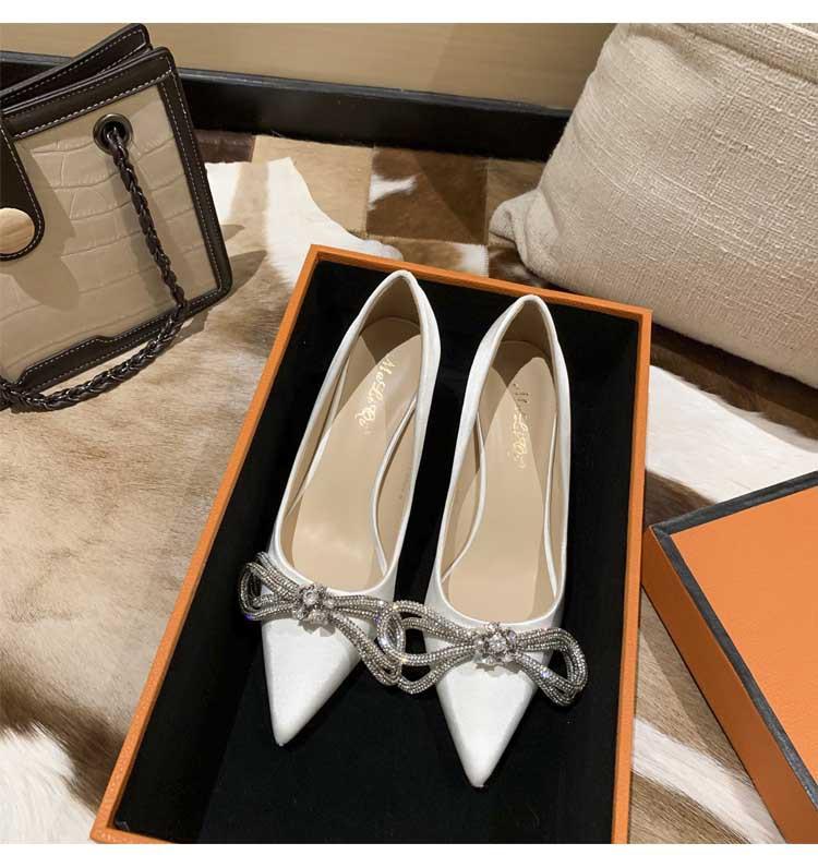 Wedding Shoes White Bow High Heels Spring and Autumn New Pointed Thin Heel Shallow Mouth Rhinestone Single Shoes Women