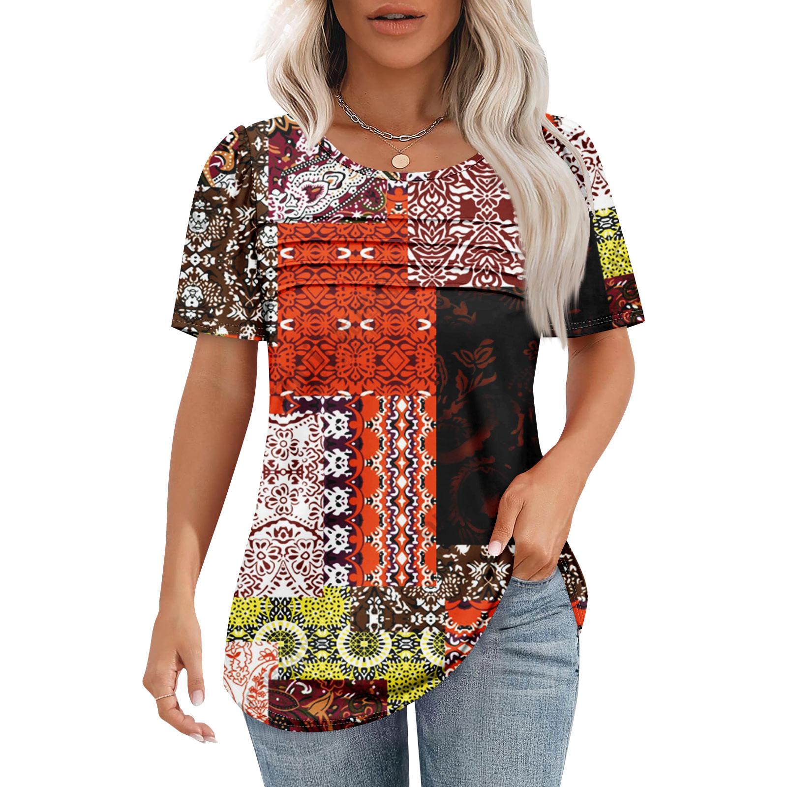 

Женская футболка с коротким рукавом, элегантная повседневная рубашка, весенне-летний наряд, струящиеся плиссированные топы с круглым вырезом спереди, летние топы L красный