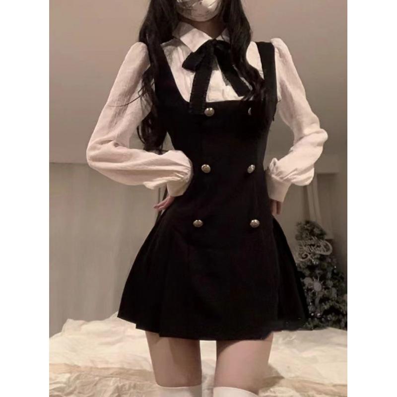 New early autumn women's clothing strap skirt daughter college style fake two-piece suit dress spring and autumn