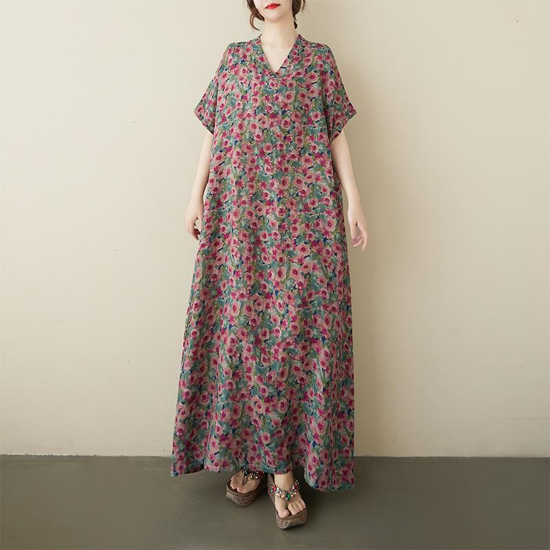 DIMANAF Plus Size 2025 Women Summer Casual Short Sleeve Dress Basic Loose V-Neck Printing Floral Dress New