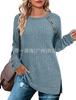 Women's Crew Neck Long Sleeve Tunic Top Ribbed Knit Raglan Sleeve Button Decor Split Hem Casual Pullover Shirt