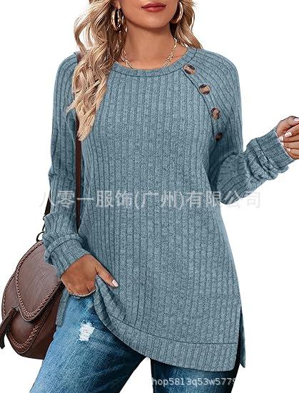Women's Crew Neck Long Sleeve Tunic Top Ribbed Knit Raglan Sleeve Button Decor Split Hem Casual Pullover Shirt