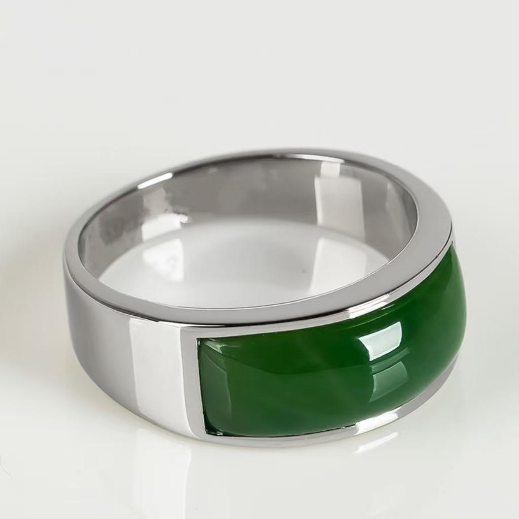 Stainless Steel Band Ring with Inlaid Smooth Stone Wide Band Durable Comfortable Fit Polished Finish Modern Design for Everyday Wear One Size
