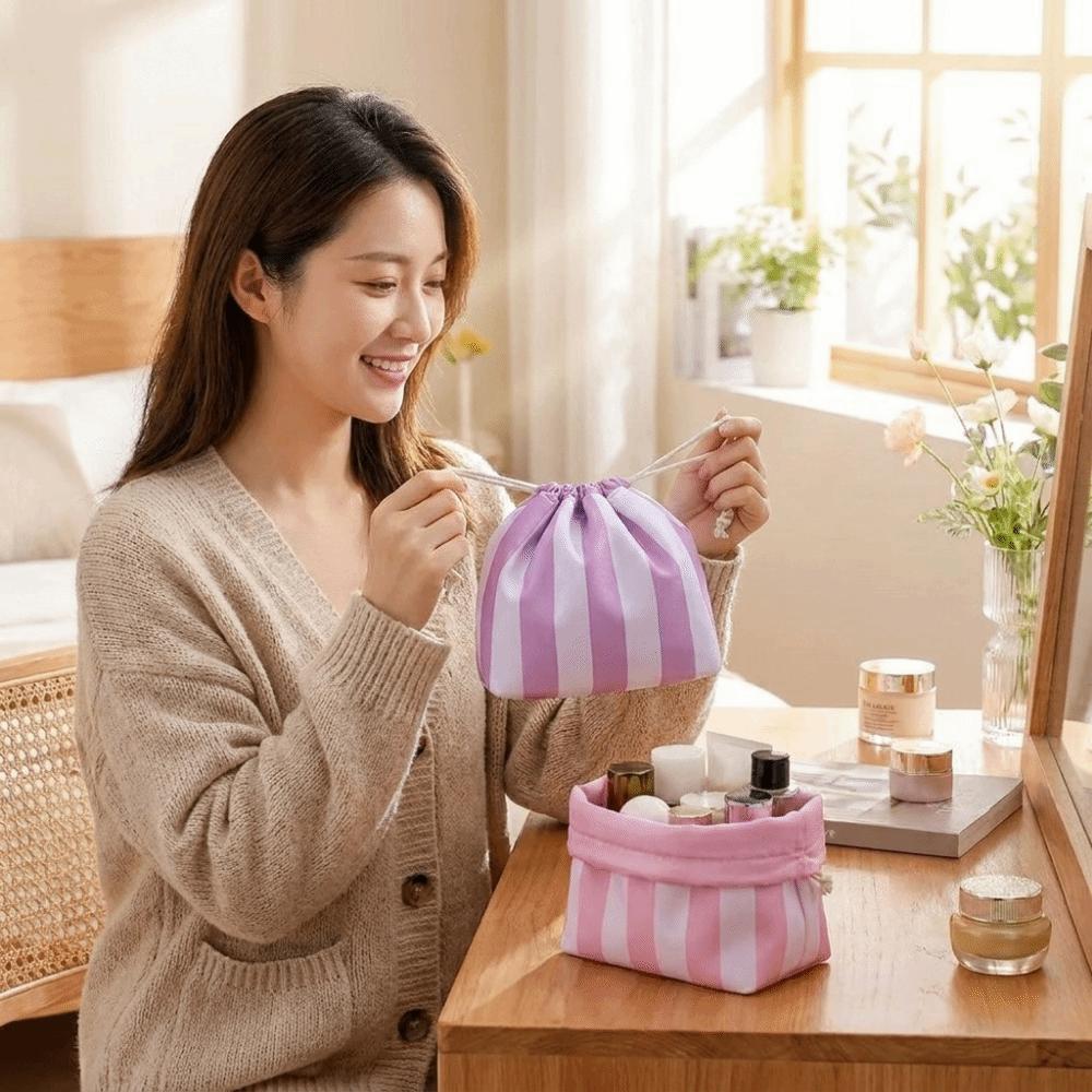 Large Capacity Drawstring Cosmetic Bag Portable Striped Cosmetic Organizer  Women