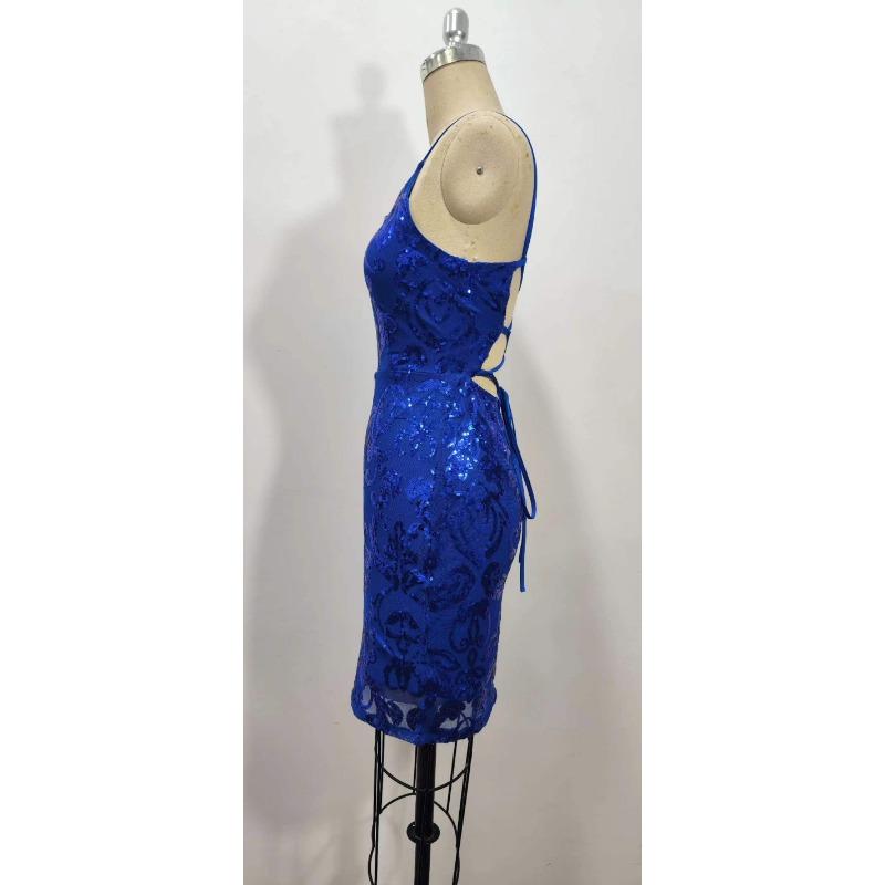 Damen Sexy Pailletten Spaghettiträger Bodycon Slim Fit Mini Abendkleid