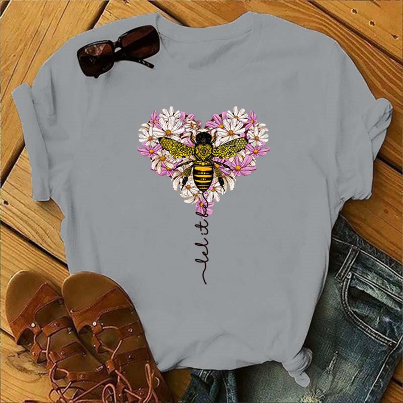Cotton Tee Cotton 100% Women's Christmas Animal Flower Short Sleeve Bee Flower Print Oversized T Shirt Graphic Tshirts Tops Harajuku
