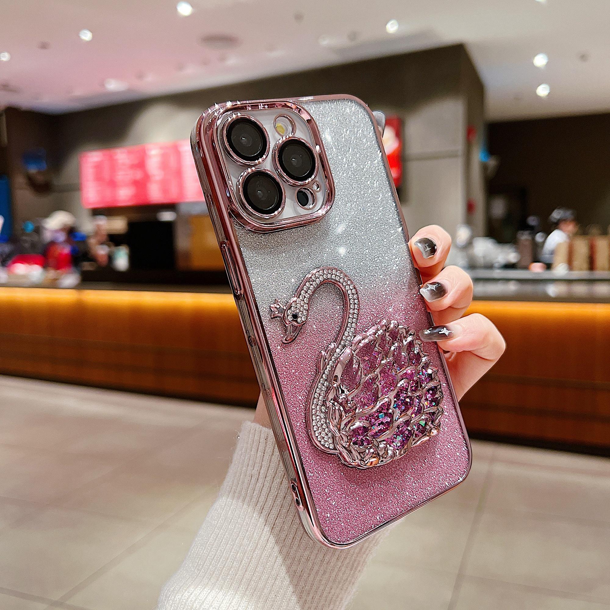 

For iPhone 14 Pro Max Case Glitter Quicksand Swan Built-in Glass Lens Film TPU Phone Cover Pink