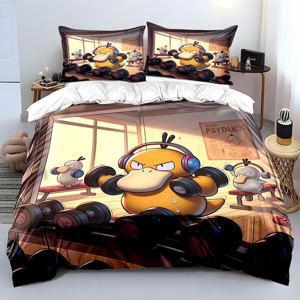 Modern Trendy Japanese Anime Pokemon Psyduck Printed 1 2 Pillowcases Adult and Children Luxury Quilt