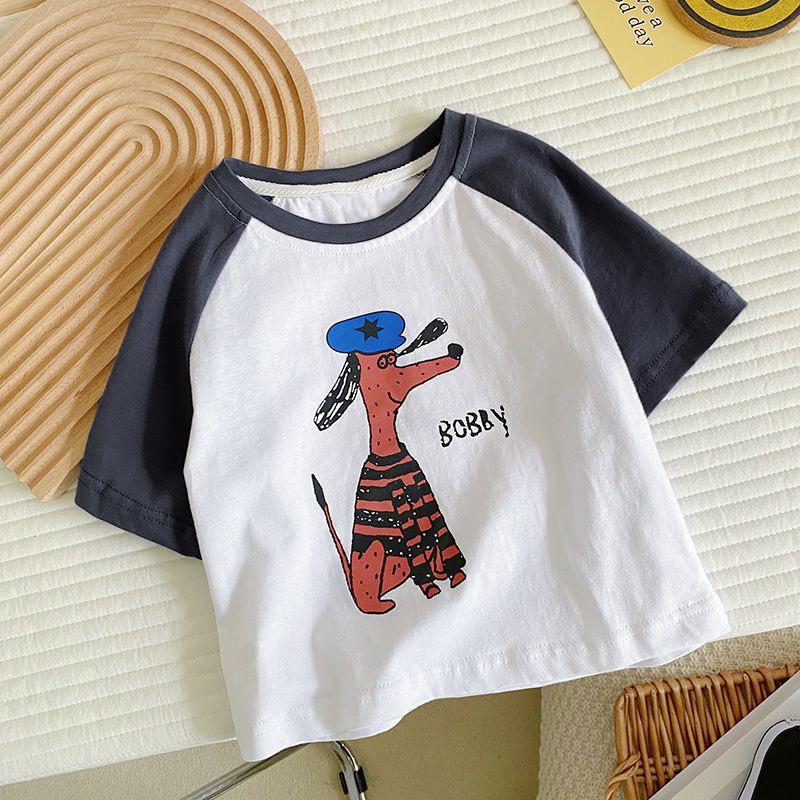 Kids Cotton Cartoon Short Sleeve T Shirt Breathable Splice Casual Top For Boys And Girls Summer Cute Clothes