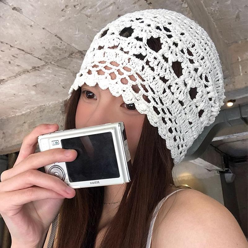 New Versatile Hat Hollow Cold Hat Hand Woven Head Hat Women Spring Thin Stacked Hat Pullover Hat