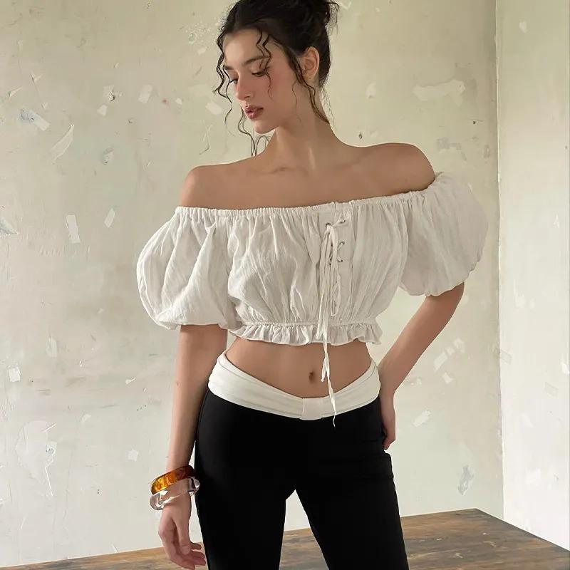 Women's White Off-Shoulder Crop Top - Ruffled Puff Sleeves Elastic Waist