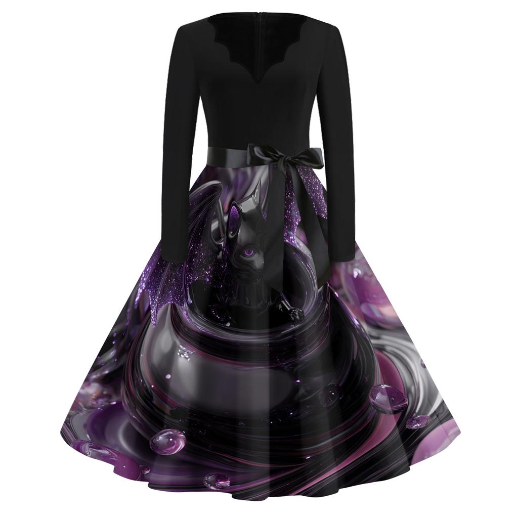 Women's Vintage Halloween Print V Neck Dress Long Sleeve Retro Fit and Flare Dress with Waist Tie Belt Casual Party Dress