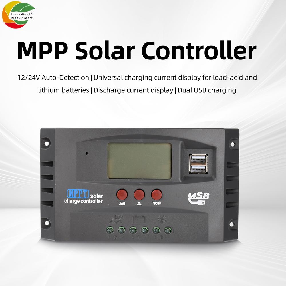 MPPT Solar Charge Controller 12V/24V Auto-Adaptive LCD Display with Dual USB Ports for Solar Panels and Batteries