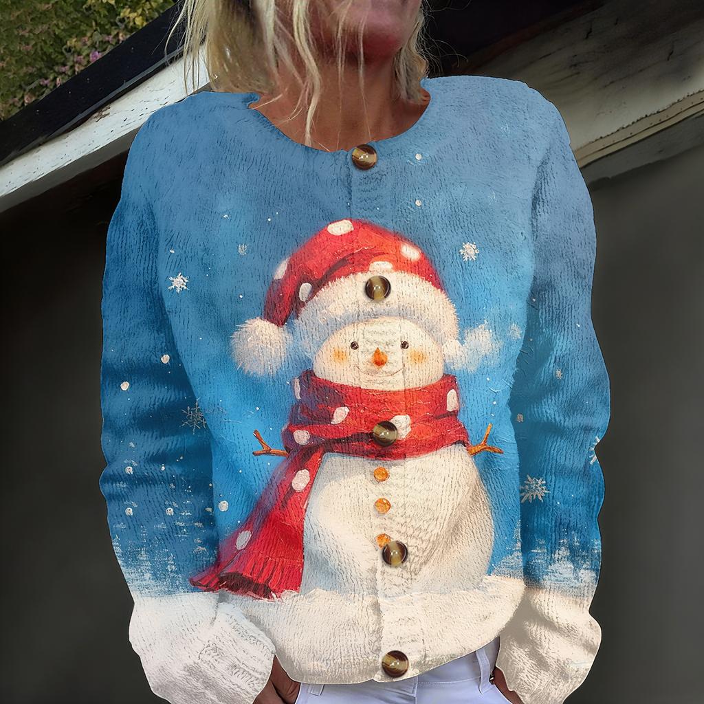 Damenmode, weihnachtlich bedruckt, langärmelig, Strickjacke, Button-Down-Jacke