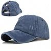 Vintage Washed Distressed Denim Baseball Cap With Criss Cross Ponytail Hole For Women