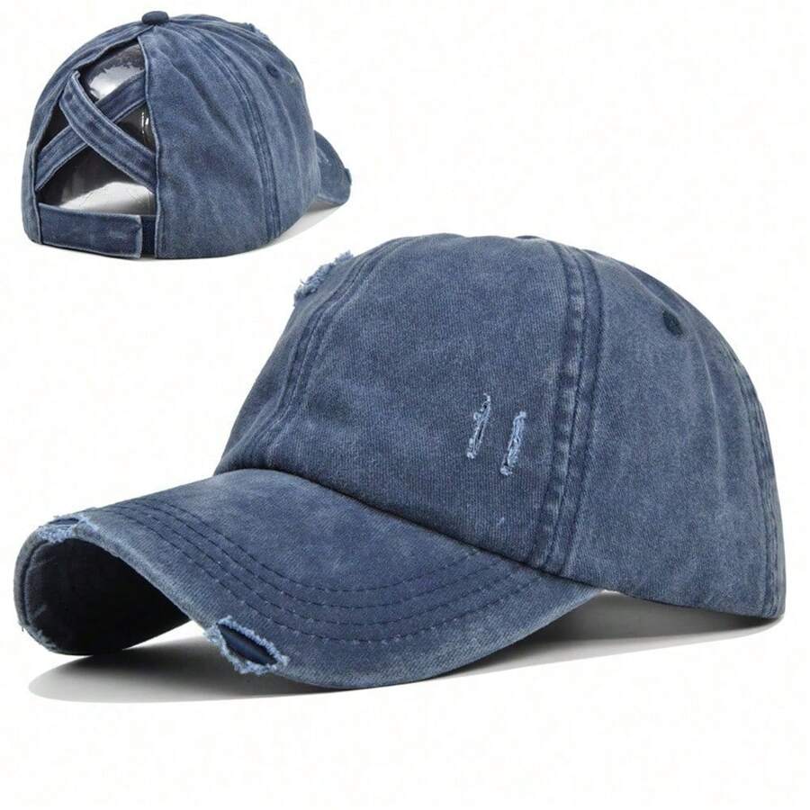 Vintage Washed Distressed Denim Baseball Cap With Criss Cross Ponytail Hole For Women