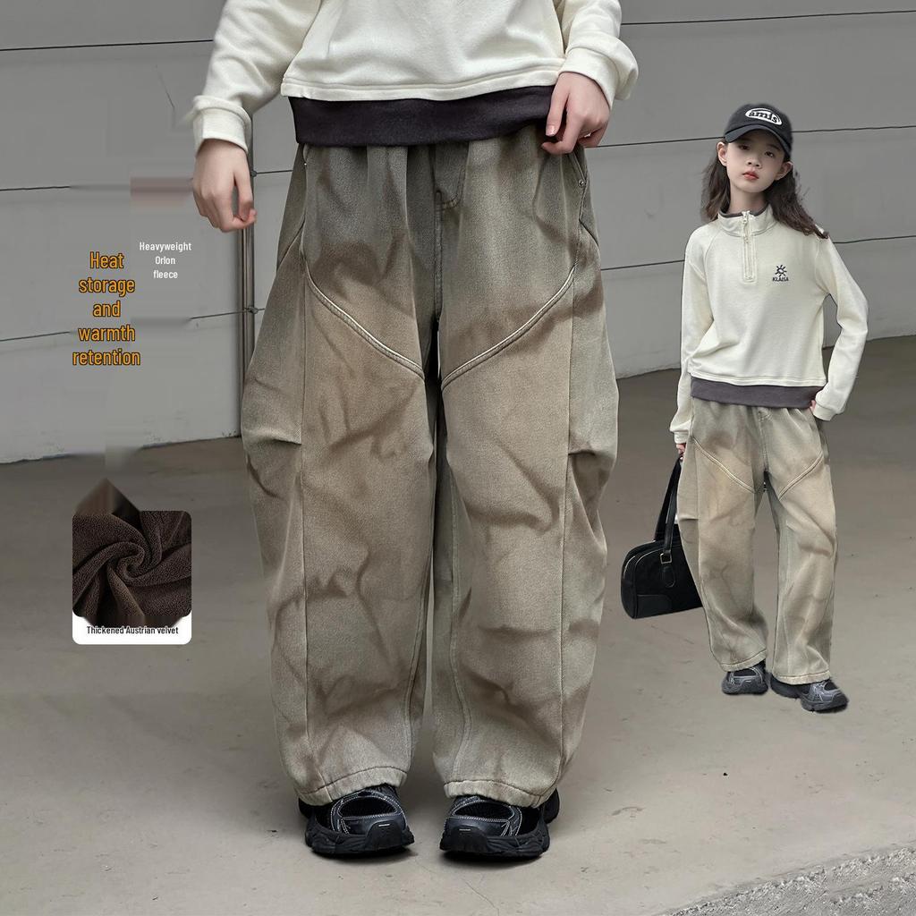 Retro Yellow Mud-Dye Fleece Lined Wide Leg Distressed Jeans for Girls