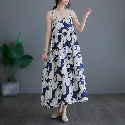 Sleeveless Strap Cotton Plus Size Vintage Floral New In Dresses For Women Casual Loose Long Summer Dress
