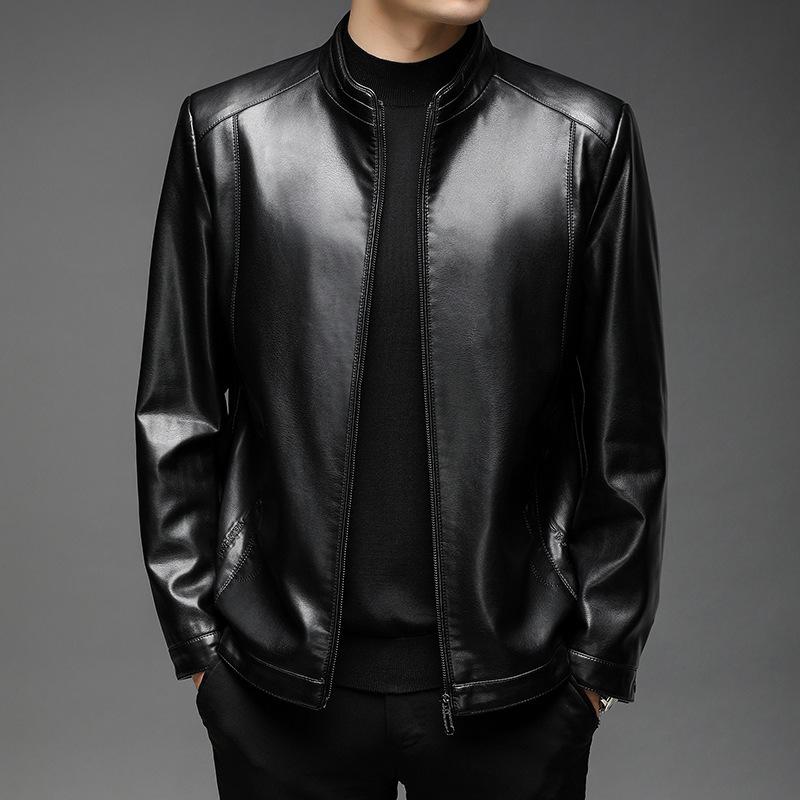 Abbigliamento da motociclista per autunno e inverno, abbigliamento in pelle da uomo, abbigliamento in pelle con colletto rialzato per uomo di mezza età, cappotto in pelle sottile, abbigliamento da papà