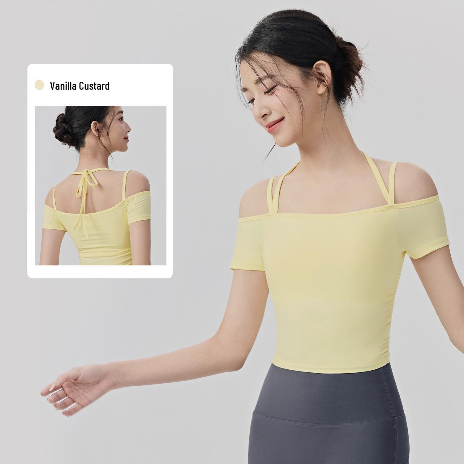 

Women s One-Shoulder Short Sleeve Yoga Top with Built-In Bra Extra Large жовтий/ваніль