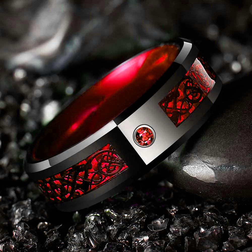 Fashion 8mm Celtic Men Stainless Steel Ring Inlaid Red Blue Zircon Stone Dragon Rings For Men, Carbon Fibre Rings Wedding Band