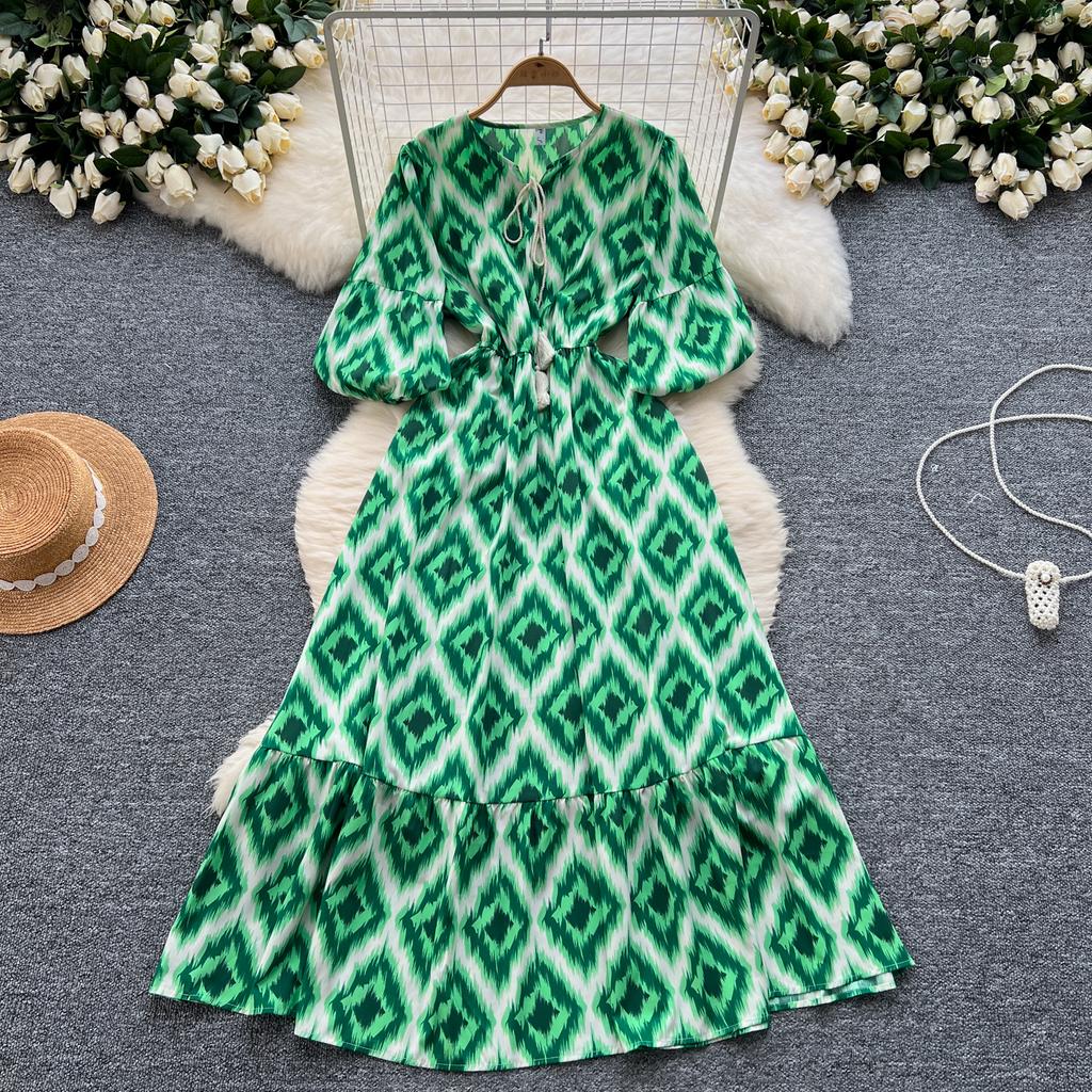Elegancka Sukienka w Kwiaty Vintage dla Kobiet Letnie Sukienki Sznurowane w Talii Slim Y2k Bufiaste Rękawy Luźne Sukienki