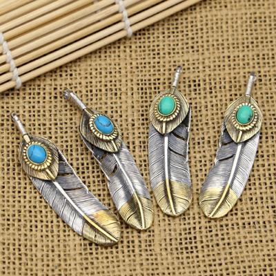Ciondolo turchese intarsiato con piume in argento sterling vintage S925 per uomini e donne