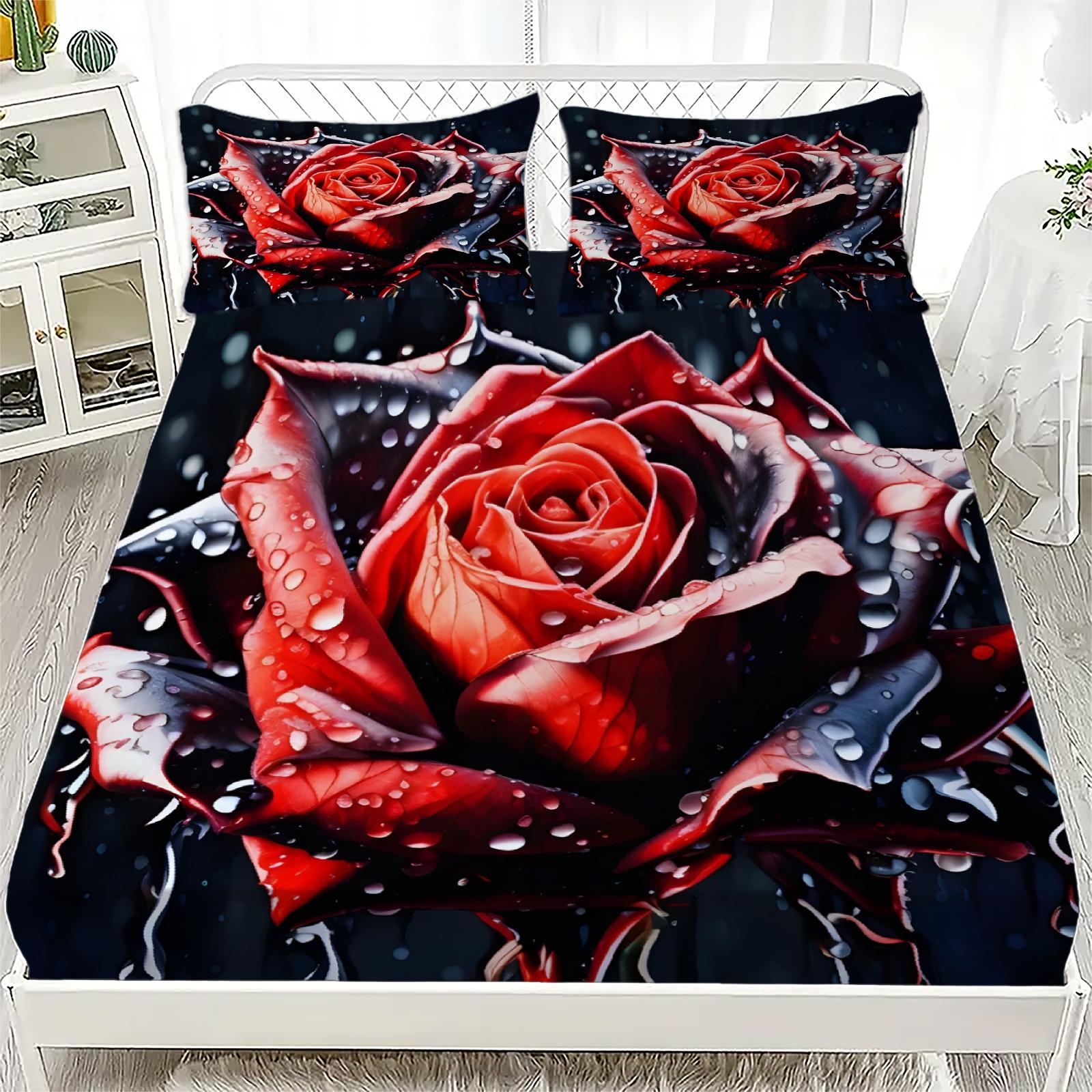 

1PC Red Rose Polyester Sheet Soft Digital Print Fitted Sheet Without Pillowcase Birthday Gift For Women Lover Bedroom Decor 90x200x25cm