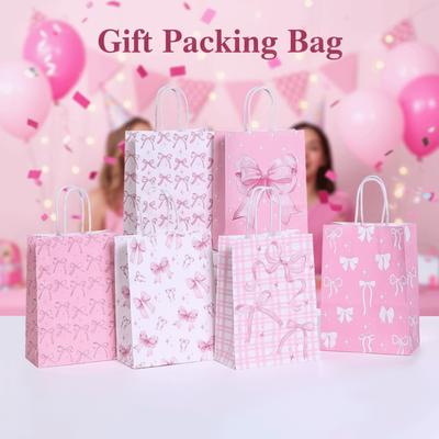 12Pcs Durable Sweet Gift Packing Bag Pink Bow Portable Present Wrap Bag Reusable Convenient Candy Cookie Bags Valentine's Day